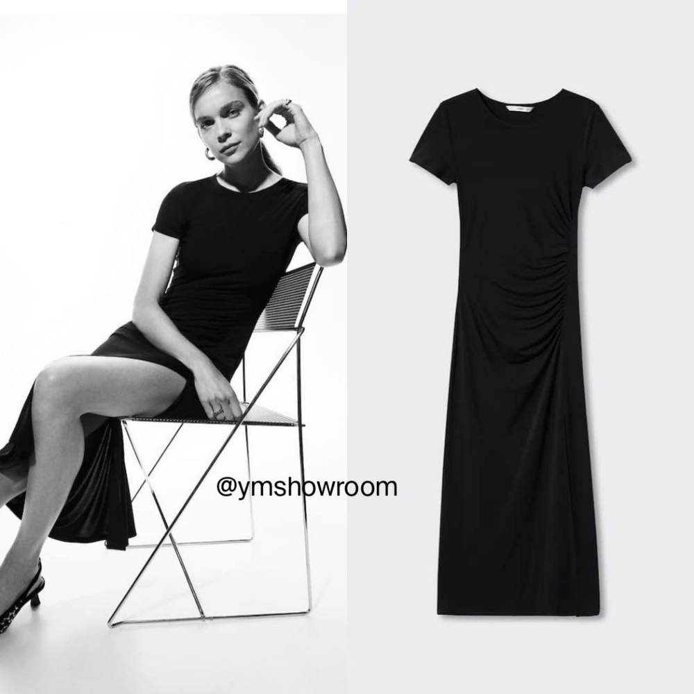 Mango Black Short-Sleeve Ruched Maxi Dress